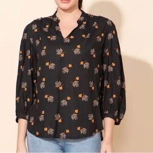 Top with 3/4 Sleeves Black Floral Print Size 2X